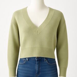 Lulus Sage Green Cropped V Neck Sweater XS Oversized Knit